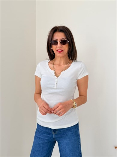 Düğme Detaylı Tshirt Ekru 