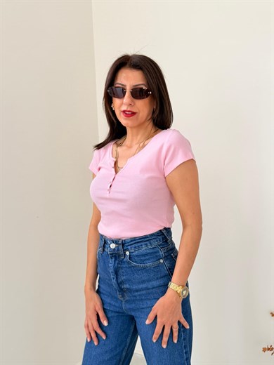 Düğme Detaylı Tshirt Toz pembe