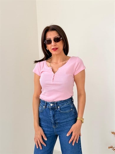 Düğme Detaylı Tshirt Toz pembe