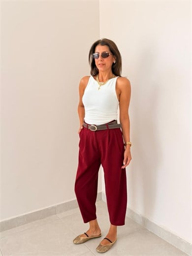 Düğmeli Krep Kumaş Balon Pantolon Bordo