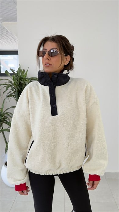 Düğmeli Teddy Polar Sweat Ekru 