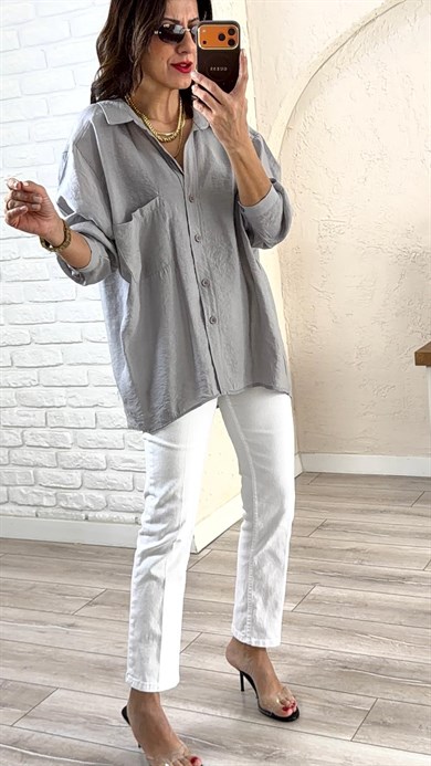 Düşük Omuzlu Oversize Gömlek Açık Gri 