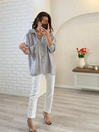Düşük Omuzlu Oversize Gömlek Açık Gri 