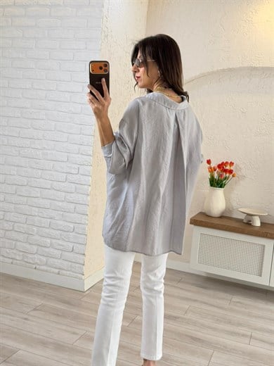 Düşük Omuzlu Oversize Gömlek Açık Gri 