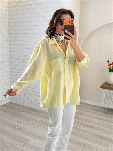 Düşük Omuzlu Oversize Gömlek  Açık Sarı 