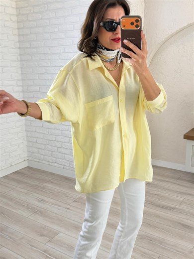 Düşük Omuzlu Oversize Gömlek  Açık Sarı 