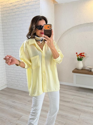 Düşük Omuzlu Oversize Gömlek  Açık Sarı 