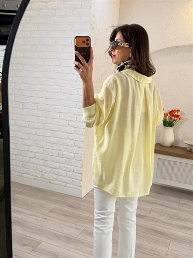 Düşük Omuzlu Oversize Gömlek  Açık Sarı 