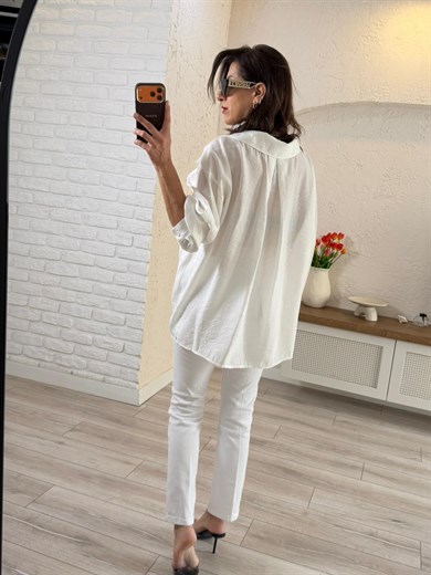Düşük Omuzlu Oversize Gömlek Beyaz 