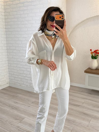 Düşük Omuzlu Oversize Gömlek Beyaz 