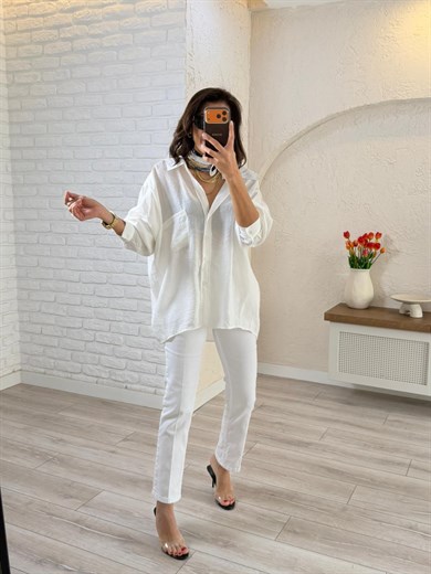 Düşük Omuzlu Oversize Gömlek Beyaz 