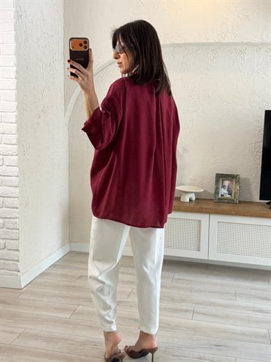 Düşük Omuzlu Oversize Gömlek Bordo