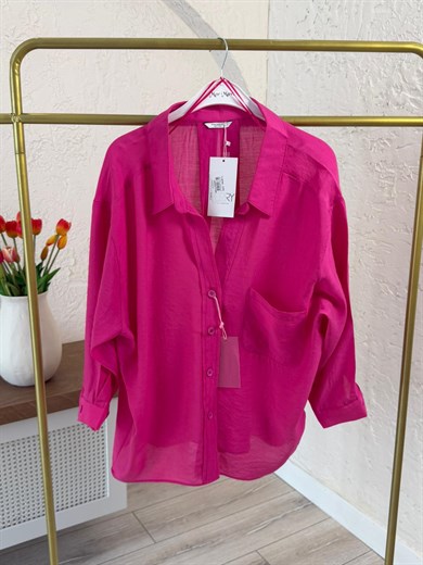 Düşük Omuzlu Oversize Gömlek Fuşya