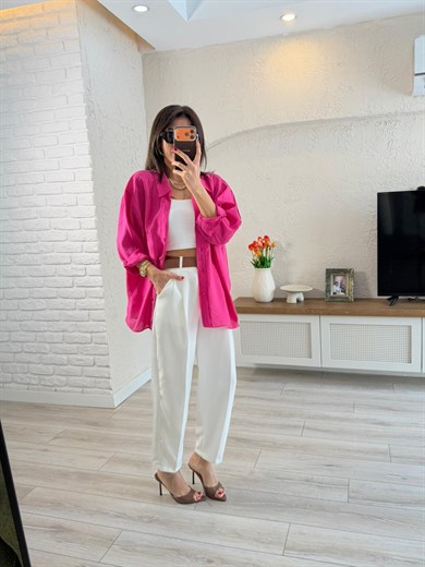 Düşük Omuzlu Oversize Gömlek Fuşya