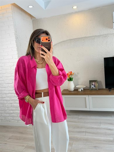 Düşük Omuzlu Oversize Gömlek Fuşya