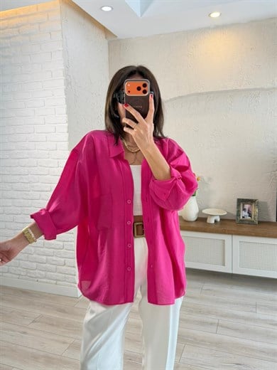 Düşük Omuzlu Oversize Gömlek Fuşya