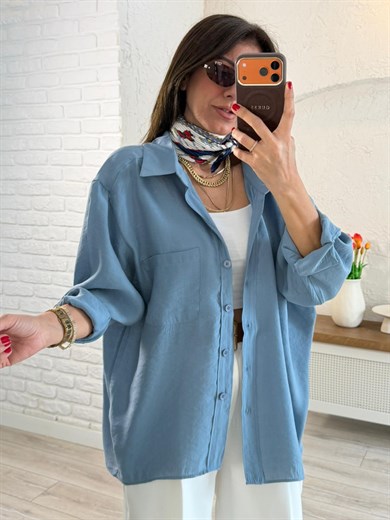 Düşük Omuzlu Oversize Gömlek İndigo