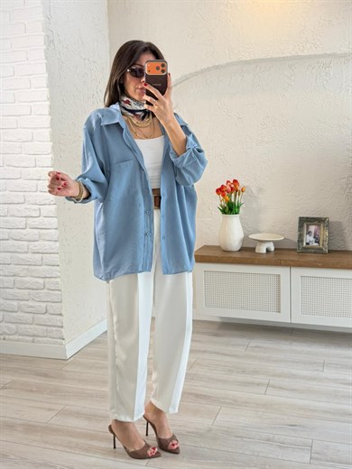 Düşük Omuzlu Oversize Gömlek İndigo