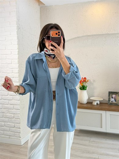 Düşük Omuzlu Oversize Gömlek İndigo