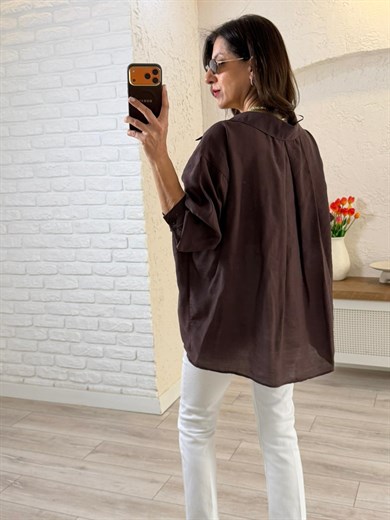 Düşük Omuzlu Oversize Gömlek Kahve