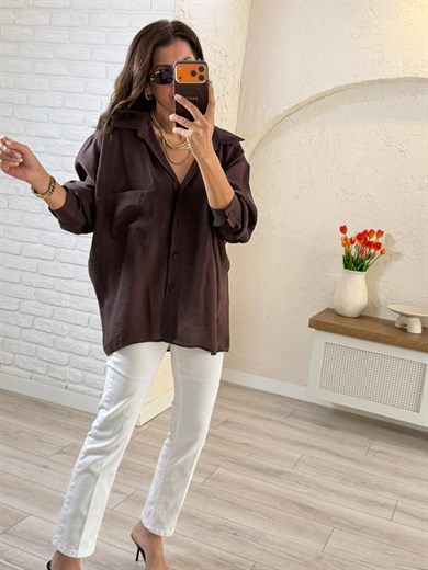 Düşük Omuzlu Oversize Gömlek Kahve
