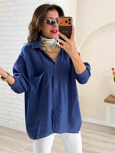 Düşük Omuzlu Oversize Gömlek Lacivert 
