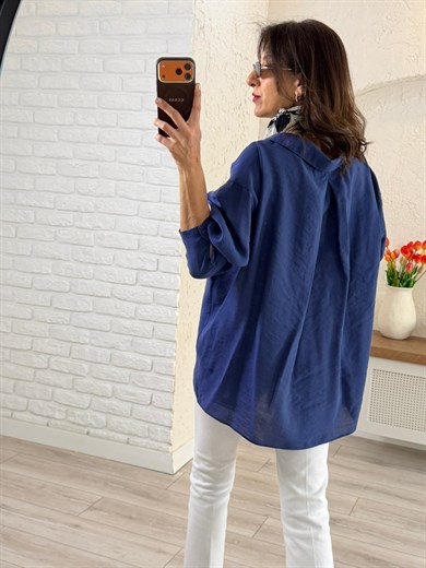 Düşük Omuzlu Oversize Gömlek Lacivert 