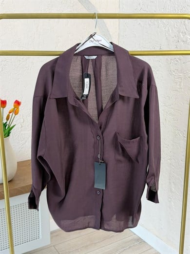 Düşük Omuzlu Oversize Gömlek Mürdüm