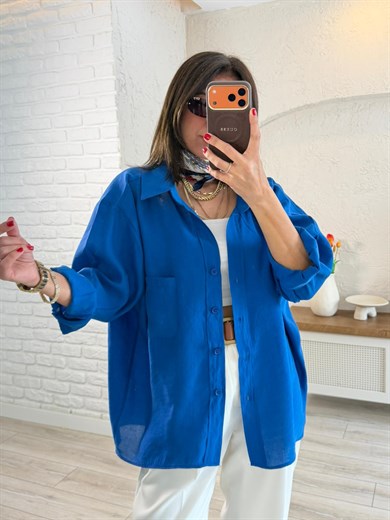 Düşük Omuzlu Oversize Gömlek Sax