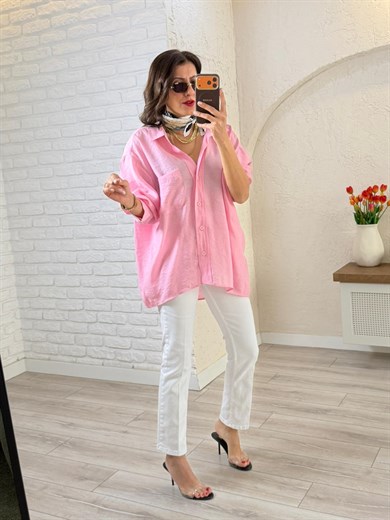 Düşük Omuzlu Oversize Gömlek Şeker Pembe 