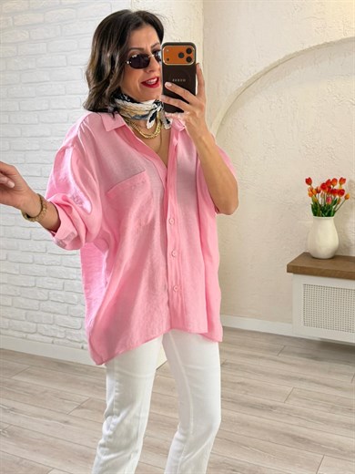 Düşük Omuzlu Oversize Gömlek Şeker Pembe 
