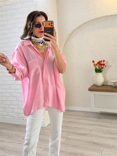 Düşük Omuzlu Oversize Gömlek Şeker Pembe 