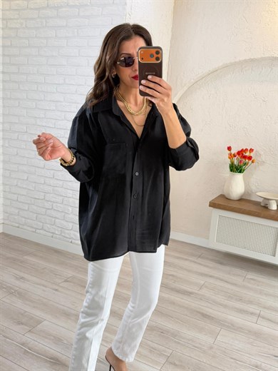 Düşük Omuzlu Oversıze Gömlek Siyah