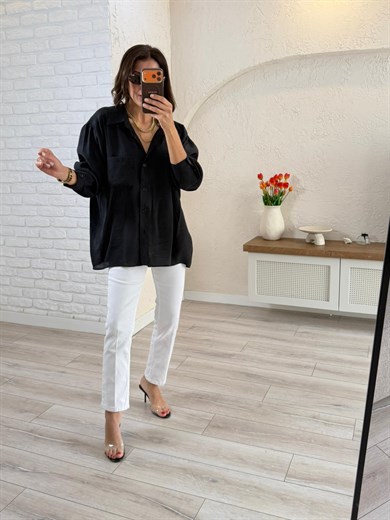 Düşük Omuzlu Oversıze Gömlek Siyah