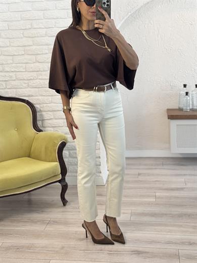 Ekru Boyfit Kesik Paça Jean