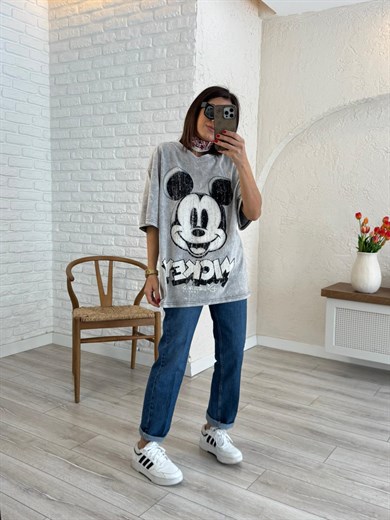 Eskitme Miki Baskılı Oversize Tişört 
