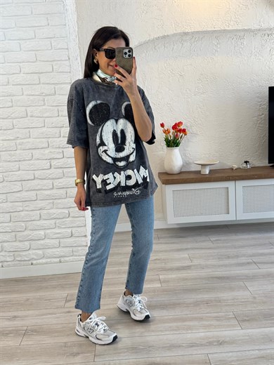 Eskitme Miki Baskılı Oversize Tişört Antrasit