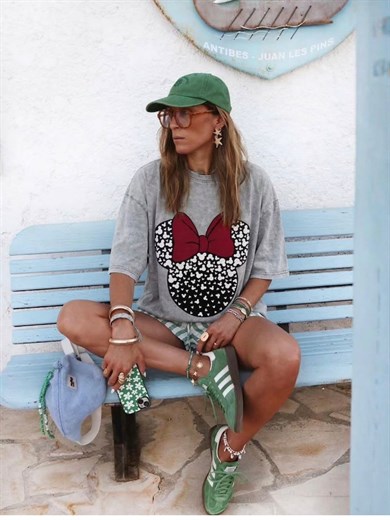Fiyonk Detaylı Mini Desen Oversize Tişort 