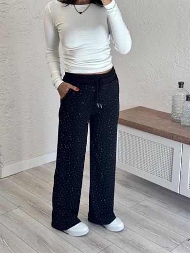 Ful Taşlı Bol Paça Eşofman Siyah