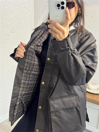 Garnili Yağlı Deri Parka Kahve