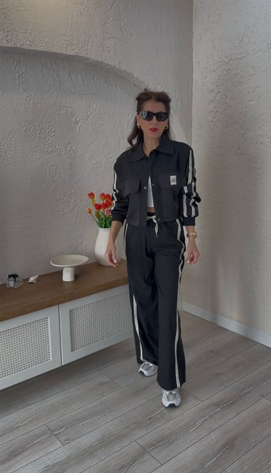 Garnili Yazı Şeritli Ceketli Takım Siyah 