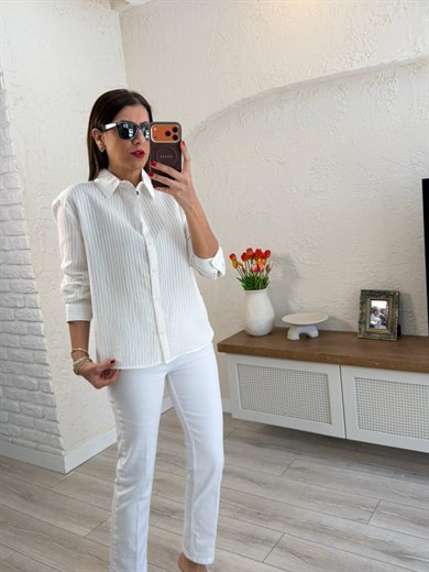 Gofre Kumaş Çizgili Gömlek Ekru