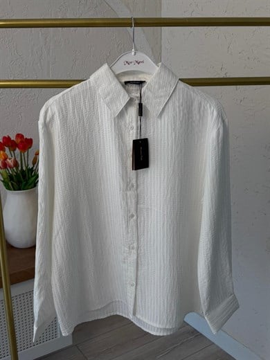 Gofre Kumaş Çizgili Gömlek Ekru