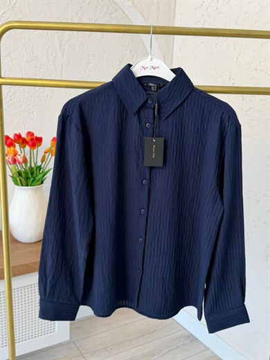 Gofre Kumaş Çizgili Gömlek Lacivert