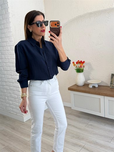 Gofre Kumaş Çizgili Gömlek Lacivert