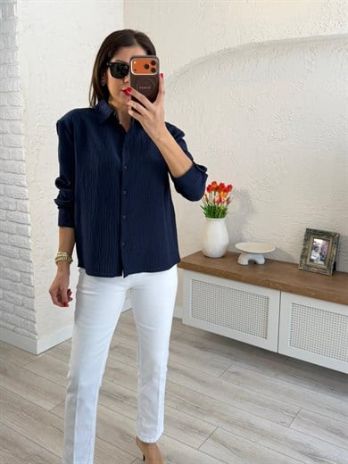 Gofre Kumaş Çizgili Gömlek Lacivert