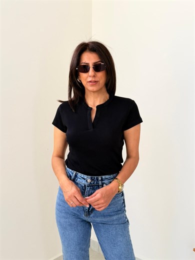 Hakim Yaka Fitilli Tişort Siyah