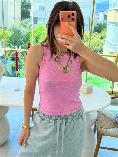 Halter Yaka Taşlama Atlet Pembe