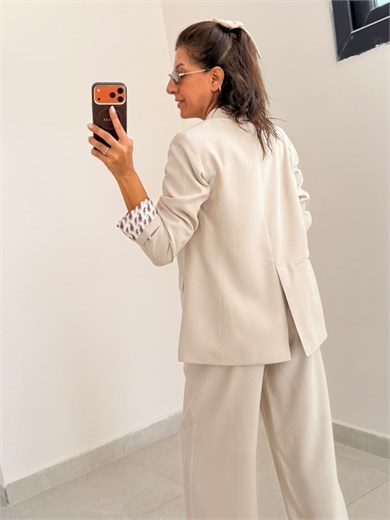 İç Astarı Desenli Blazer ceket Pantolon Takım Bej 