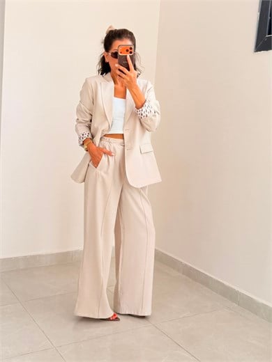 İç Astarı Desenli Blazer ceket Pantolon Takım Bej 